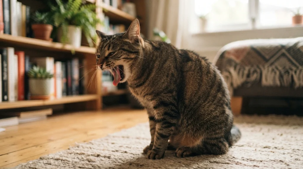 cat coughing with tongue out